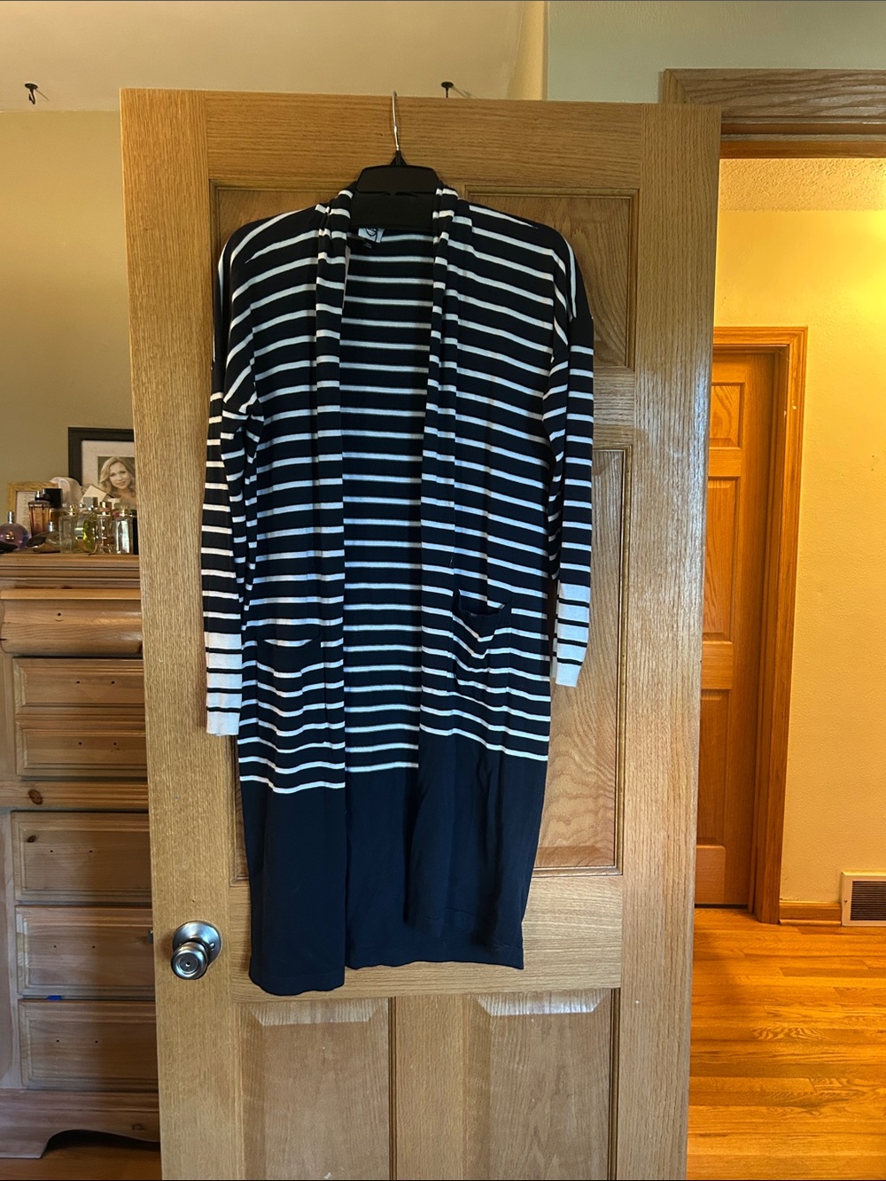 CAbi Navy & White Striped Open Cardigan